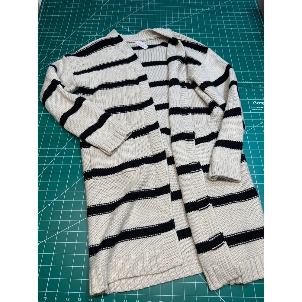 Honeyme Womens Small Striped Longline Cardigan Open Front Duster Sweater Cream